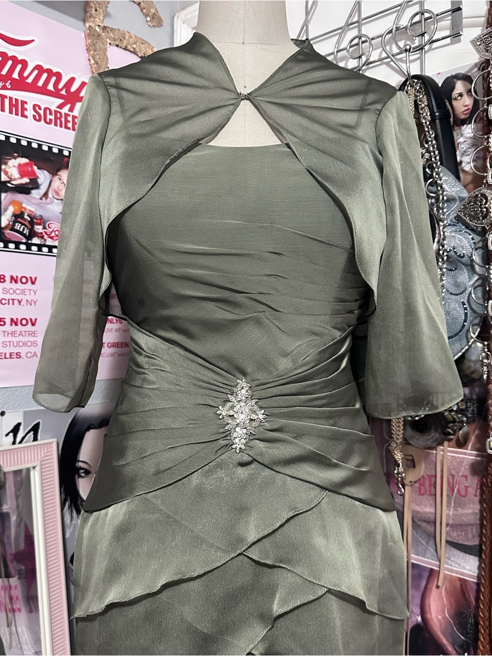 Olive Green Tiered Satin Evening Dress with Embellished Waist